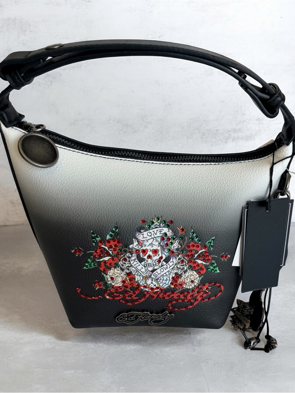 Ed Hardy Skull & Roses Rhinestone Shoulder Bag Y2K Black Ombré NWT